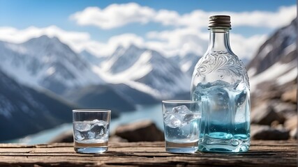 A bottle and a glass of crystal water are being poured against a background of snowy mountains in a blurry environment. organic, unadulterated natural water. wholesome, revitalizing beverage - obrazy, fototapety, plakaty