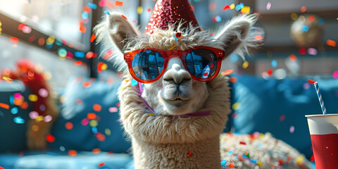 Naklejka premium Happy lama smiling wearing hat with flying confetti. Birthday concept