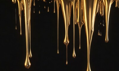 golden paint flows down a black background, golden liquid drips
