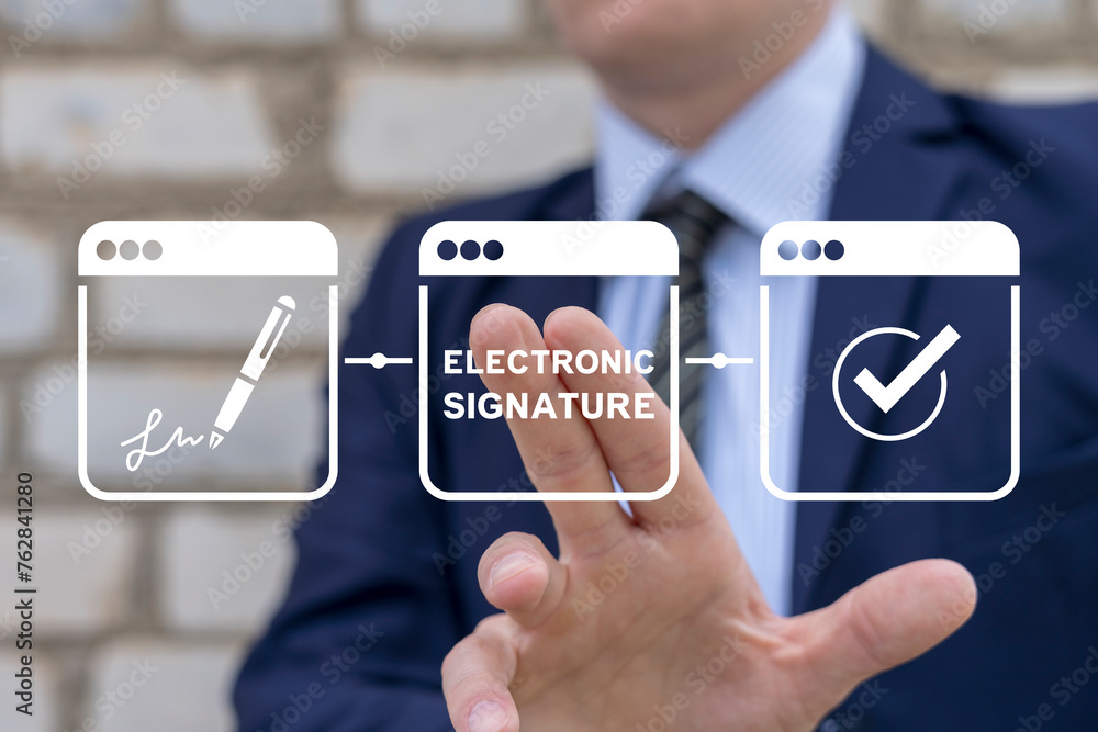 Poster electronic signature concept. electronic signing. businessman signs electronic documents using virtu