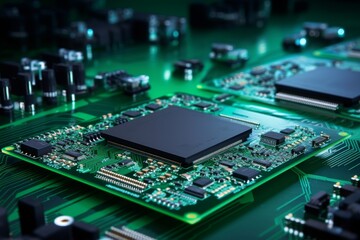 Close-up of computer chip on electronic printed circuit board, technology and hardware concept