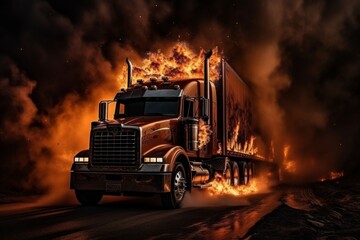 Dramatic explosion of a freight fuel truck engulfed in flames and billowing smoke - obrazy, fototapety, plakaty