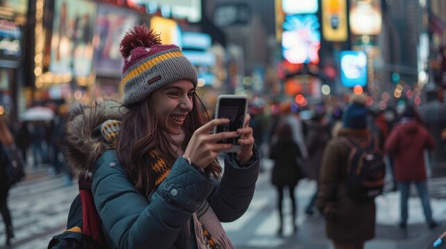 technology and people concept - happy young woman with smartphone taking selfie on city street