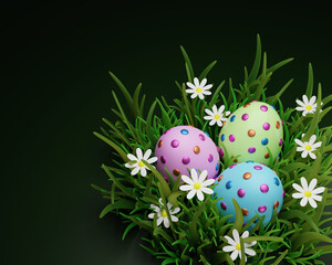 Decorative Easter eggs on green grass and white flowers with dark green background. 3D rendering illustration..