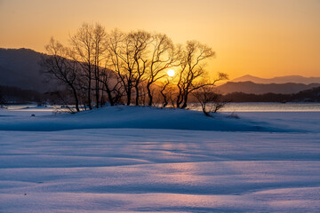 裏磐梯檜原湖 雪原の夜明け