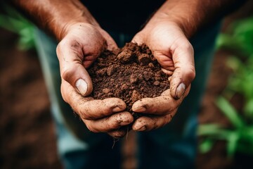 Agronomist holding soil clod, close up of male hand with sample from agricultural field