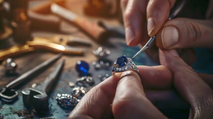 A master jeweler skillfully setting gems into a jewelry piece, with a focus on a sapphire diamond ring amidst a workshop laden with professional tools