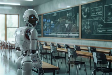 Hi-tech classroom with AI robot teacher.Learning concept Modern teaching using AI  