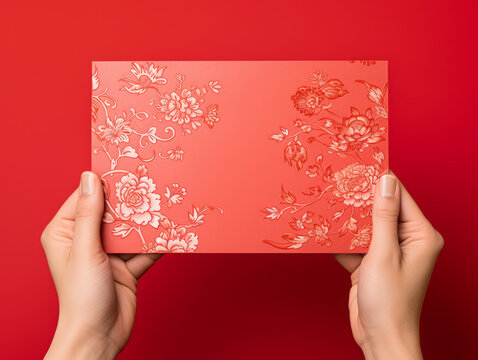 Happy New Year Concept:Close-up shot of woman's hands holding Chinese new year greeting card, isolate on red background...