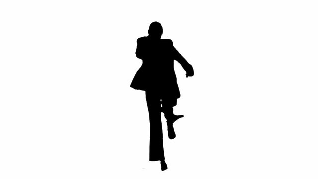 Business woman in formal outfit walking and dancing. Back view. Black silhouette on a white isolated background.