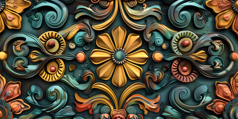 3d rendering of an ornate floral design on  wall, Ornamental Design Pattern Arabesque Flowers ornate blue yellow craft Art leaf, Pastel Color Clay Art Floral and Botanical Seamless Pattern background 