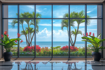 Window in empty room with plants with view on tropical sea beach with flowers.