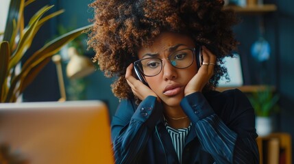 Frustrated female secretary with Afro hairstyle feeling stressed while answering phone call on her first day in office. Serious businesswoman talking on mobile, working through finances at workplace - obrazy, fototapety, plakaty