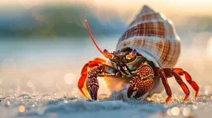 Close up of cute hermit crab carry beautiful shell crawling on the white sand beach in warm sunlight of early morning. - Powered by Adobe