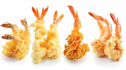Collection of prawn tempura deep fried battered shrimpisolated on white background - obrazy, fototapety, plakaty