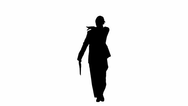 Business woman in formal outfit walking and dancing. Back view. Black silhouette on a white isolated background.