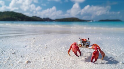 red crab on beautiful beach surface travel landscape clean white sand and blue sea water wave ripple background