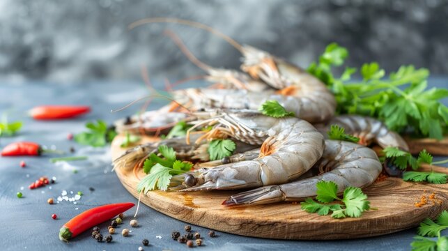 resh shrimps or white prawns raw on wooden chopping board with coriander and curry leaves.