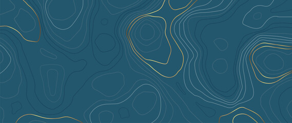 Abstract line art blue background vector. Mountain topographic map wallpaper with blue and gold lines texture. Elegant illustration design for wall arts, fabric , packaging, web, banner. - obrazy, fototapety, plakaty