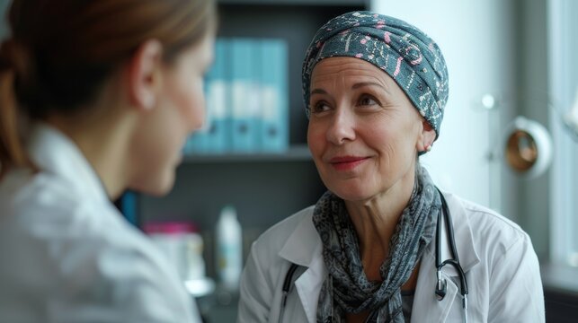 Compassionate oncologist discussing treatment options with patient in clinic