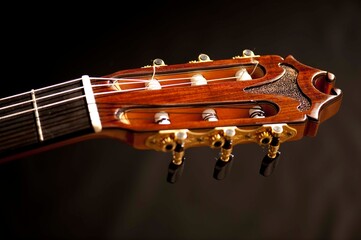 Classical Spanish flamenco guitar close up, dramatically lit isolated on black background with copy...
