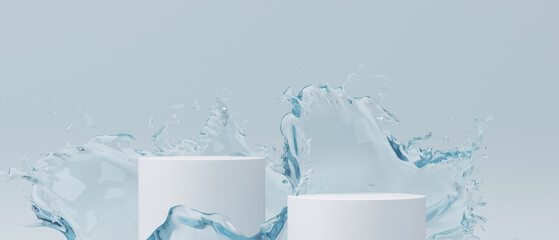 3d cosmetic background. 3d podium with abstract water splash for cosmetic, and product presentation. 3d rendering illustration.