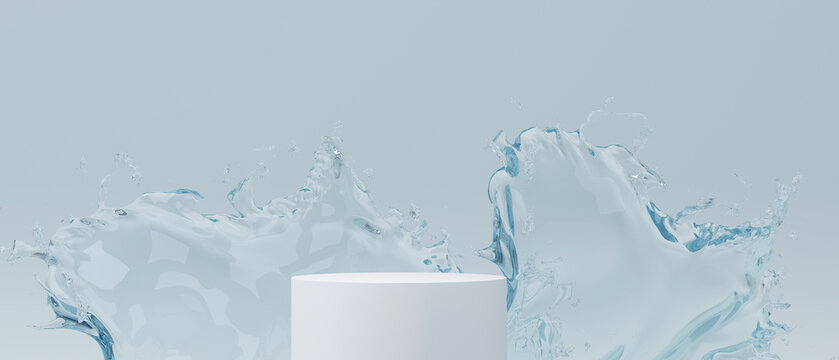 3d cosmetic background. 3d podium with abstract water splash for cosmetic, perfume, and product presentation. 3d rendering illustration.