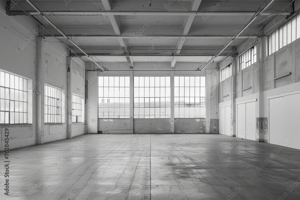 Poster spacious minimalist open-plan workshop with large windows and concrete floor