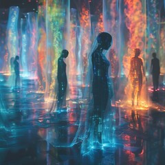 Imagine and design a thought-provoking long shot visualization of digital afterlives Create a surreal landscape where vibrant data streams intertwine with ghostly silhouettes