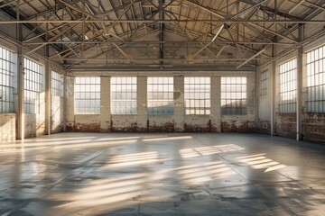 Spacious open-plan workshop with large windows and minimalist design