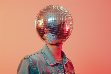 Vintage retro image of a person with a disco ball head. nightclub party portrait