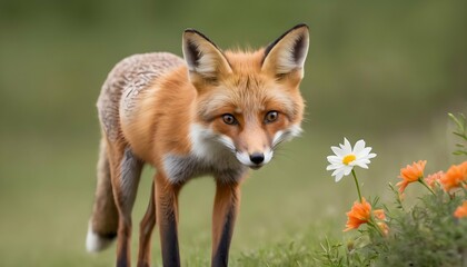 Naklejka na ściany i meble A Curious Fox Sniffing At A Flower Upscaled 3