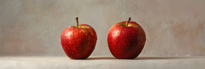 Isolated, close-up shot of a shiny, red apple with a green leaf against a neutral background