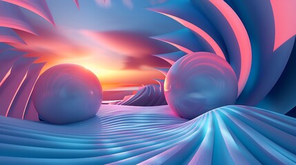 3D rendering. Abstract geometric background with spheres. Futuristic landscape with sunset.