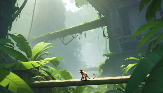 A Monkey Exploring A New Area Of The Jungle Upscaled