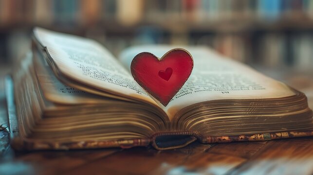 This image shows a red heart-shaped wooden ornament sitting on the pages of an open book. The book is old and has yellowed pages.