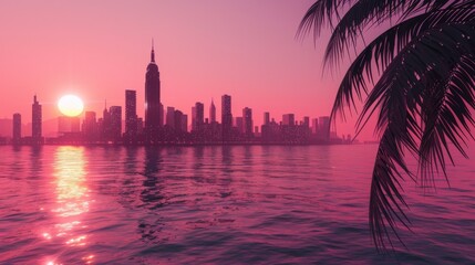 A city skyline is reflected in the water, with a palm tree in the foreground