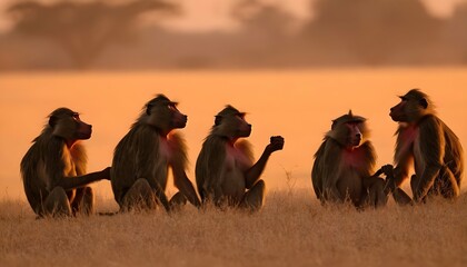 A Baboon Group Vocalizing At Sunrise Marking The Upscaled 3 - obrazy, fototapety, plakaty