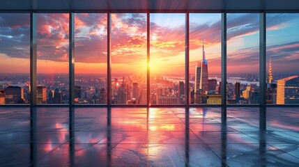 A city skyline is reflected in a window of a high rise building
