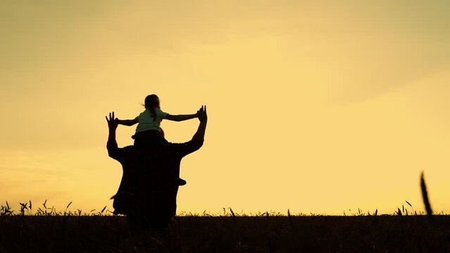 Child dreams of fly. Family, dad kid with child on their shoulders run through wheat field. Kid daughter father play, enjoy nature outdoor, dream of flying, super hero. Dad, girl child walk together