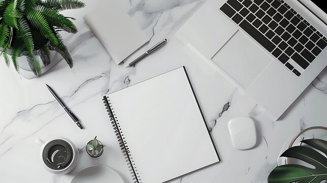 Top view of a modern minimal workspace with a laptop, a notebook, a plant, a cup of coffee, a camera lens, a mouse, a pen and a pencil.