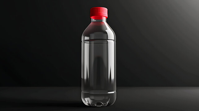 3D rendering of a single plastic water bottle with a red cap. The bottle is half-full of water and is sitting on a dark surface.