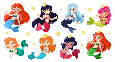 Bundle with kawaii mermaids. Isolated illustrations on a white background with funny magical creatures for a childish print. Vector clip art. An underwater set of princesses. Sea life.