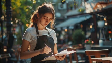 waitress in white shirt taking order in outdoor restaurant - Powered by Adobe