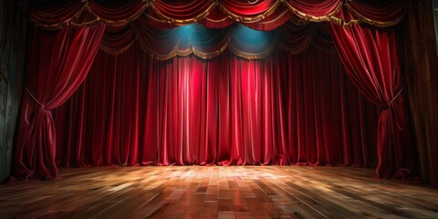 A red curtain hangs in front of a stage