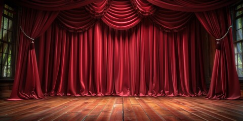 A red curtain hangs in front of a stage - obrazy, fototapety, plakaty