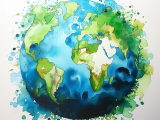 A painting of the earth with a blue and green swirl pattern