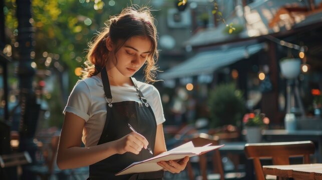 waitress in white shirt taking order in outdoor restaurant
