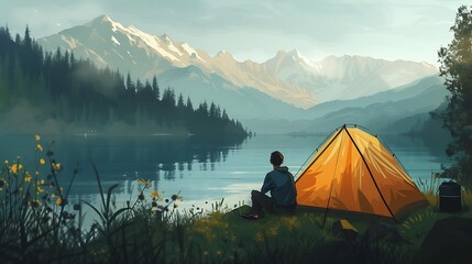 Young man sits near camping tent on the shore - obrazy, fototapety, plakaty