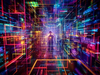 Fototapeta premium A man is standing in a colorful, abstract background